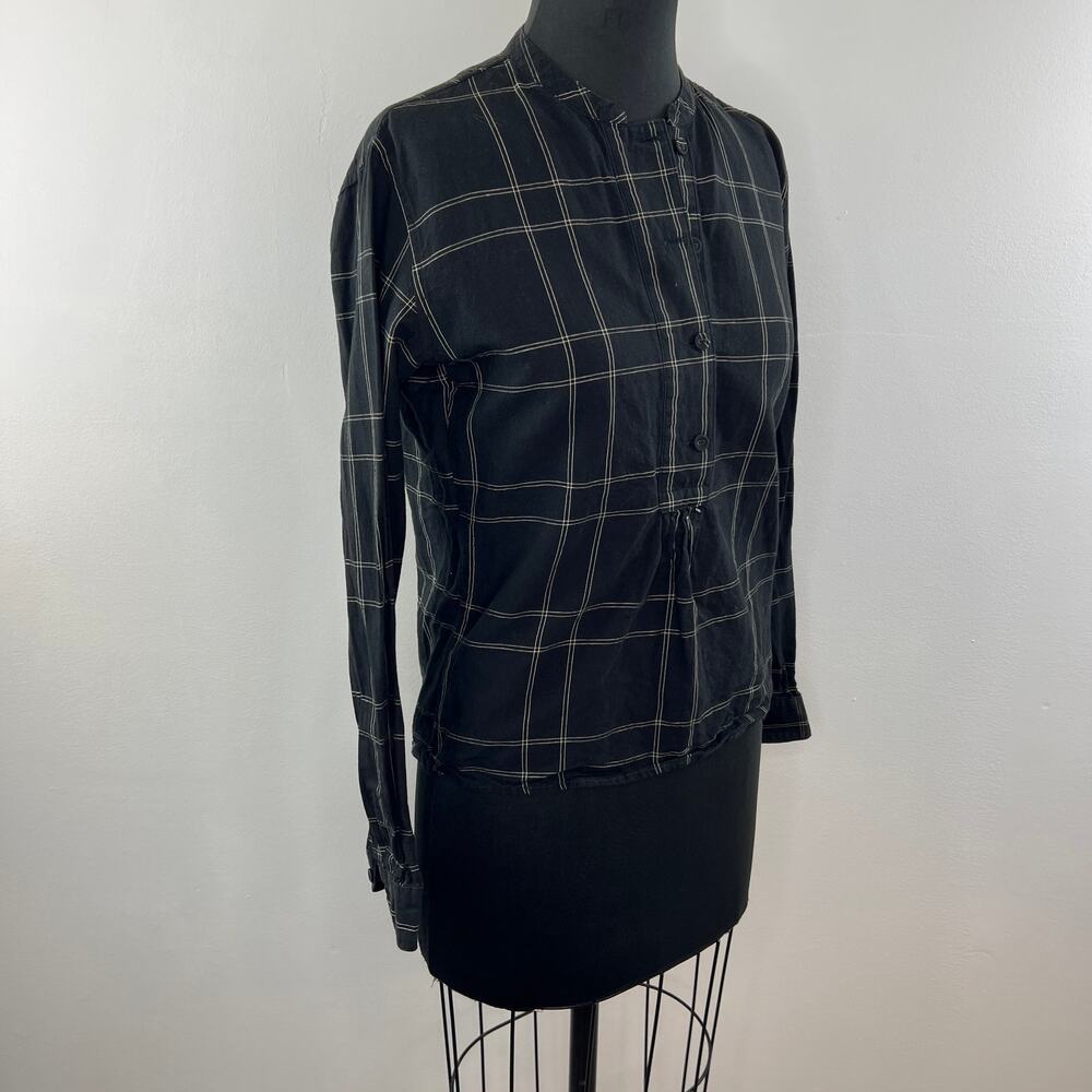 Ines de la Fressange UNIQLO Black Plaid Long Sleeve Button Up Popover Top S - Picture 2 of 5